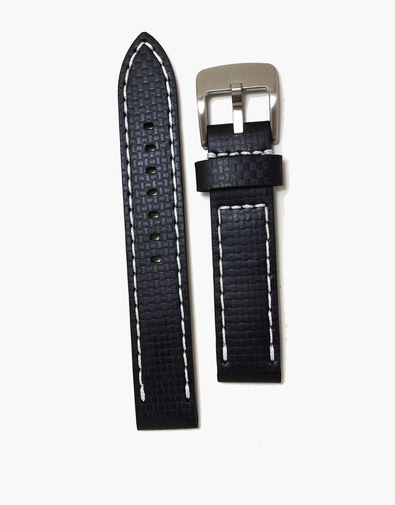 20mm Black Leather Carbon Fiber Embossed Watch Band white stitching ...